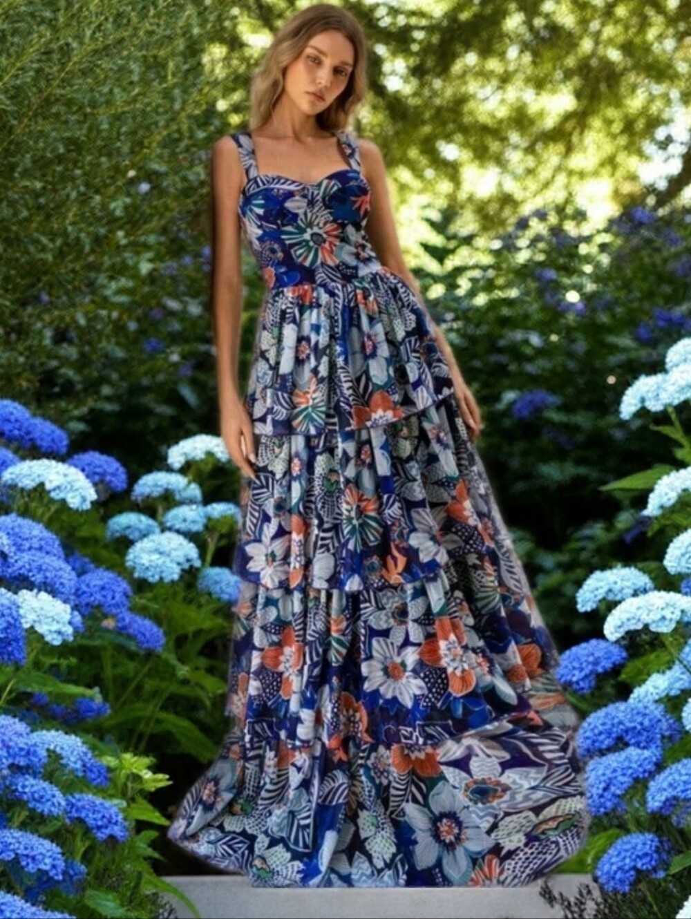 Blue Floral Tiered Maxi Sundress with Straps